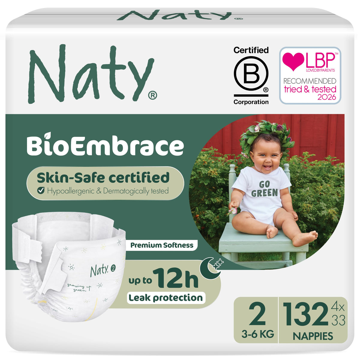 Naty BioEmbrace Newborn Nappies, Sensitive Skin, Size 2 (3–6kg), 33 Count