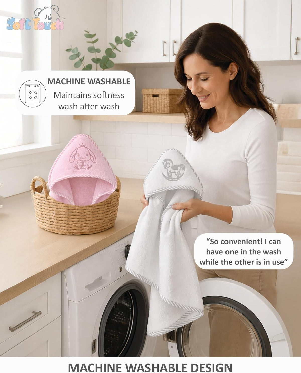 Soft Touch Newborn Essentials 100% Cotton Embroidered Hooded Baby Towel 70 x 70cm for Baby Boys and Girls 0-24 Months (2-Packs)