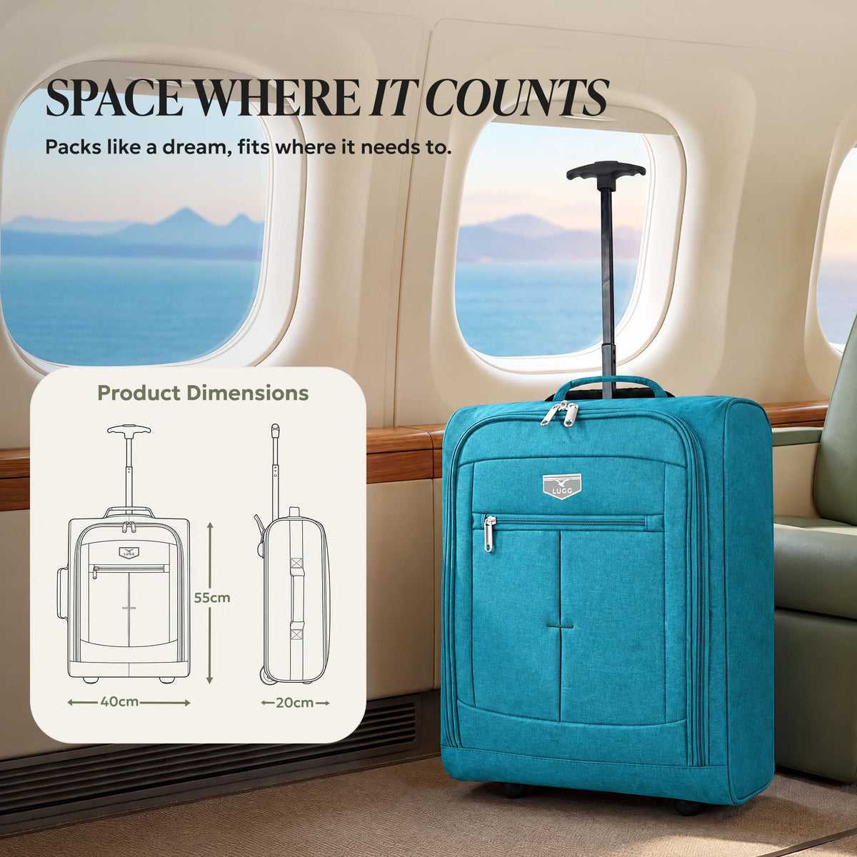 LUGG Lightweight Cabin Luggage, 600D Polyester, Solid Wheels, 45x36x20cm