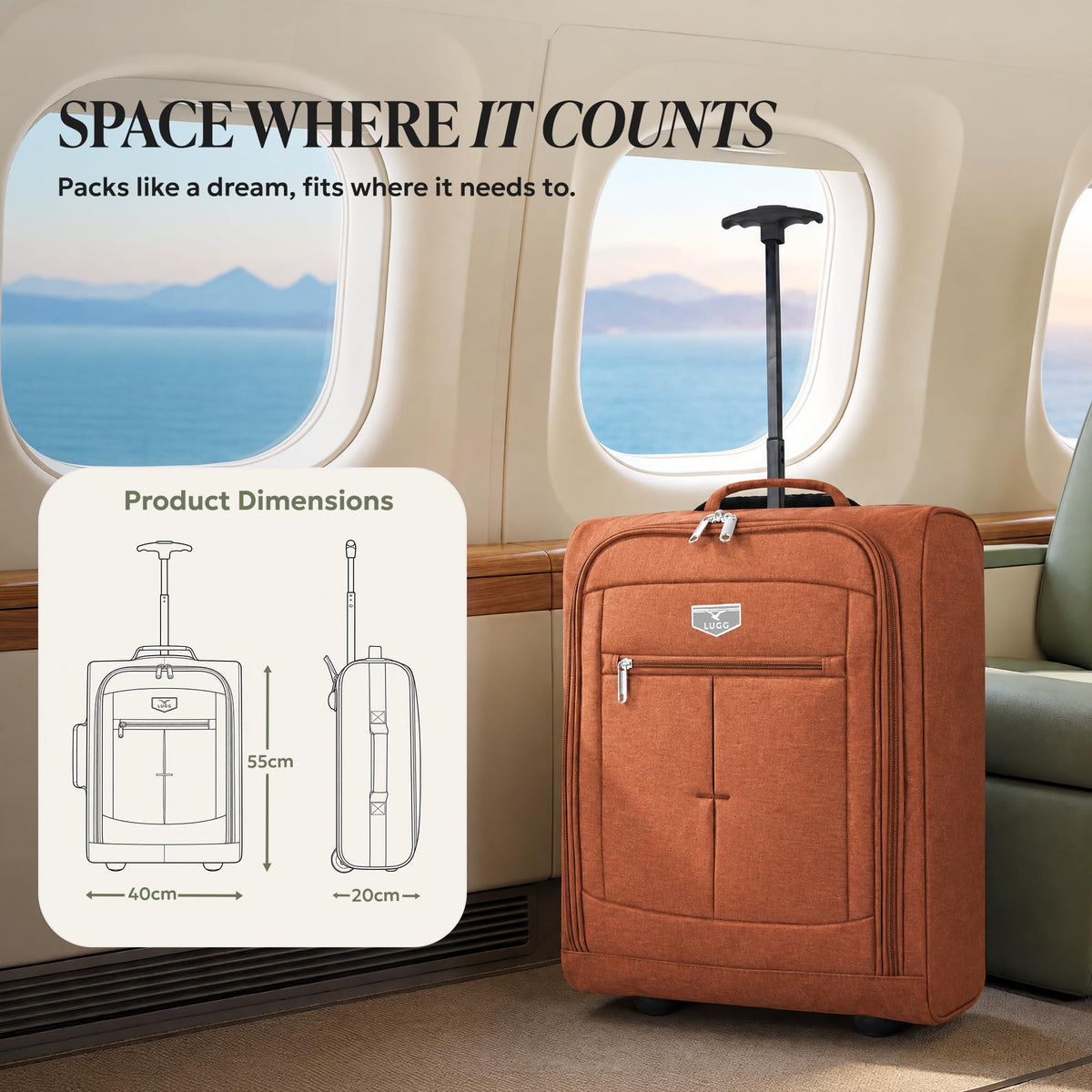 LUGG Lightweight Cabin Luggage, 600D Polyester, Solid Wheels, 45x36x20cm