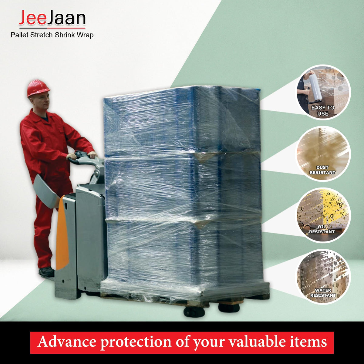 JeeJaan® 1 Roll Clear Pallet Wrap 400mm x 250m 20mu | Tear Resistant Stretch Film | Water & Moisture Proof Pallet Stretch Shrink Wrap | Multi-Use Strong Pallet Stretch Wrap