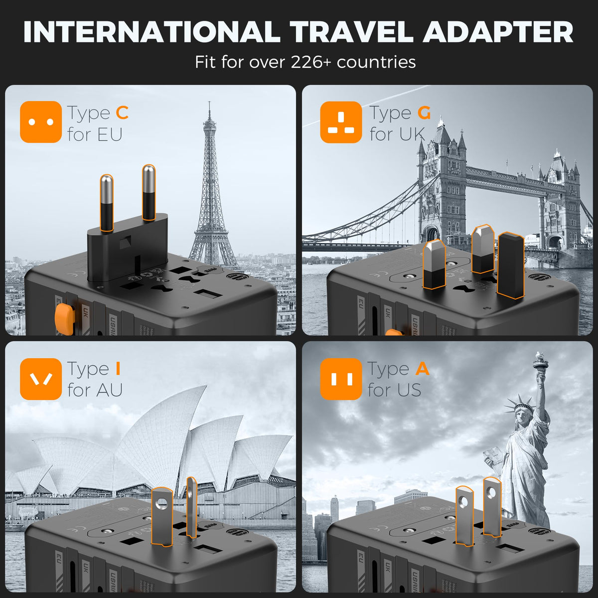 TESSAN Universal Travel Adapter Worldwide with 2 USB C and 2 USB A Ports