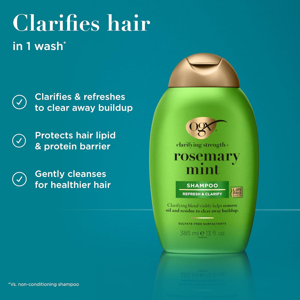 OGX Refreshing Scalp with Rosemary Mint Shampoo, Clarifying Blend to Remove Excess Oil and Residue, Clears Away Buildup, Sulfate Free, 385ml