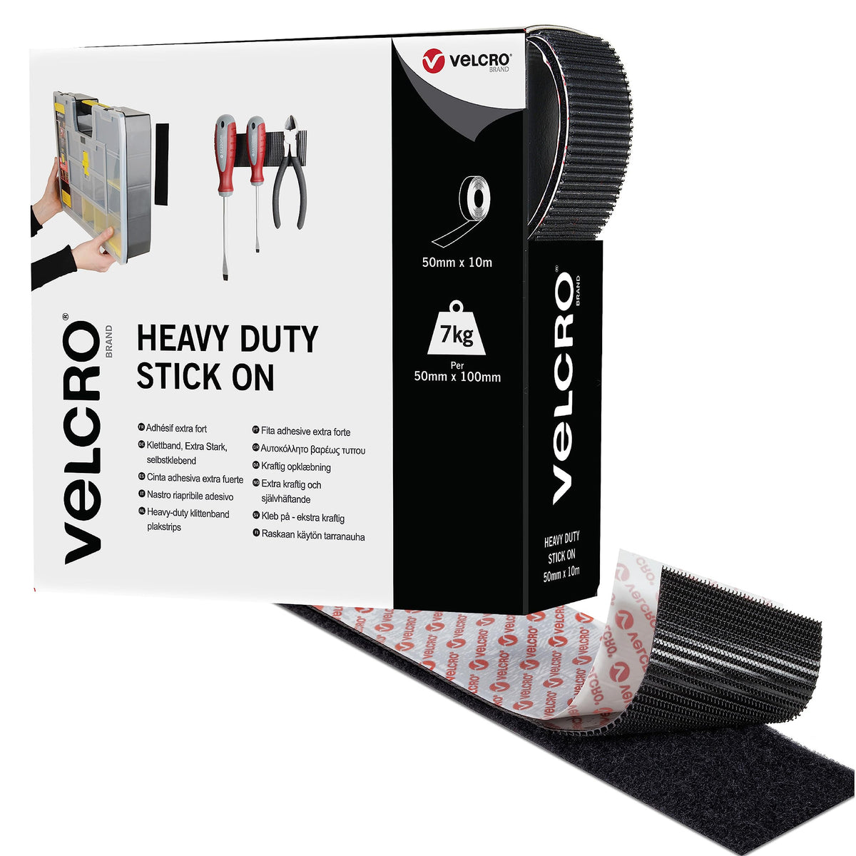 VELCRO Brand Heavy Duty Stick On Tape Cut-to-Length Industrial Extra Strong Double Sided Hook & Loop Self Adhesive Tape Perfect for Room Décor & Home, Office, Garage Use Black 50mm x 1m