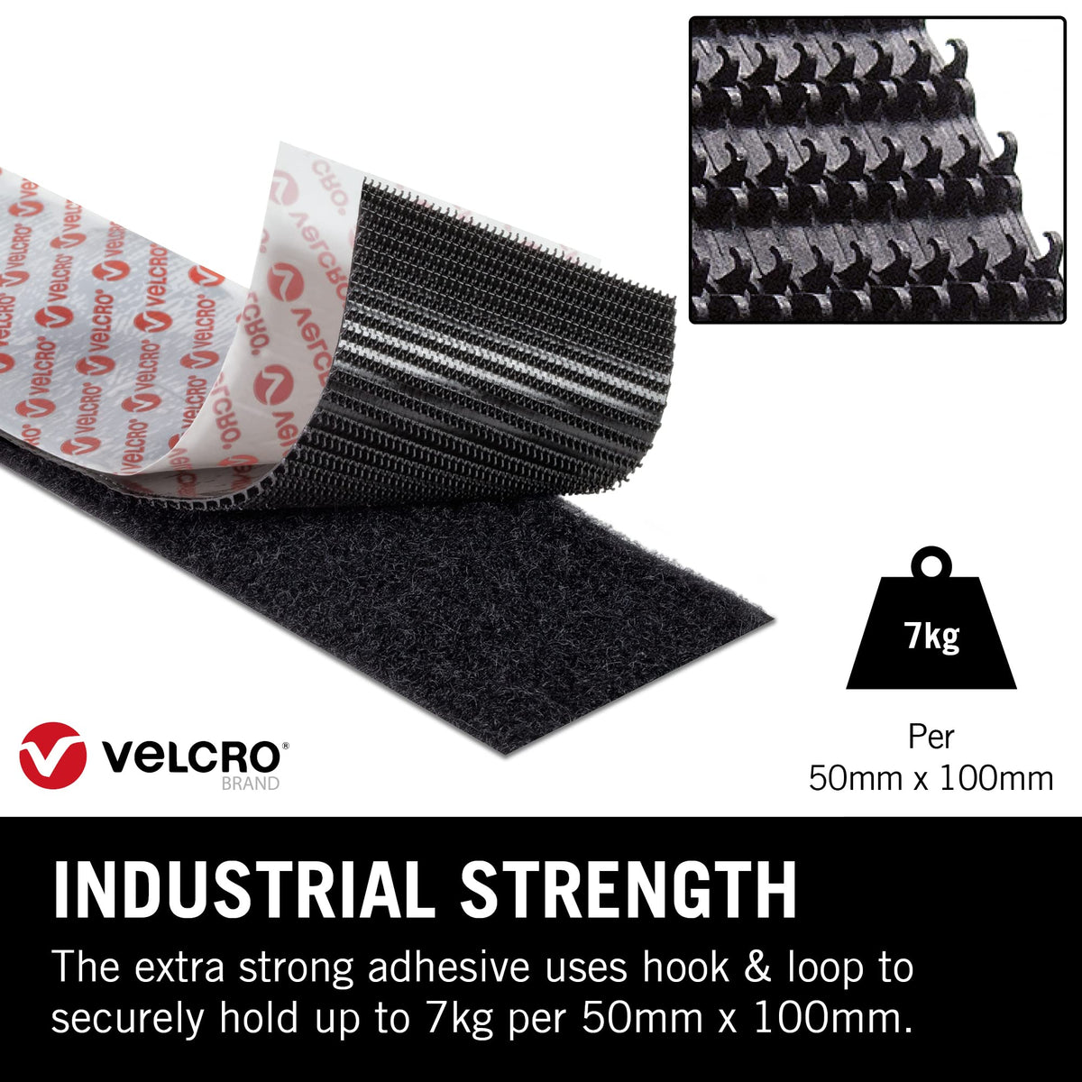 VELCRO Brand Heavy Duty Stick On Tape Cut-to-Length Industrial Extra Strong Double Sided Hook & Loop Self Adhesive Tape Perfect for Room Décor & Home, Office, Garage Use Black 50mm x 1m