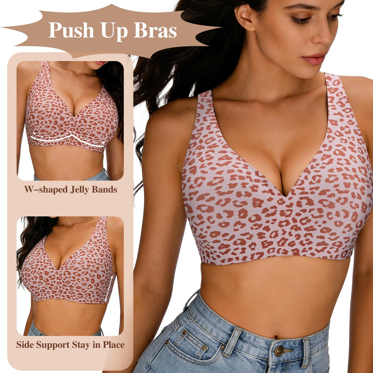 Seamless Jelly Bra,Full Cup Leopard Print Bra Comfort Sleep Jelly Push Up Bra Seamless No Under Wireless Bras for Women UK Everyday T Shirt Bras