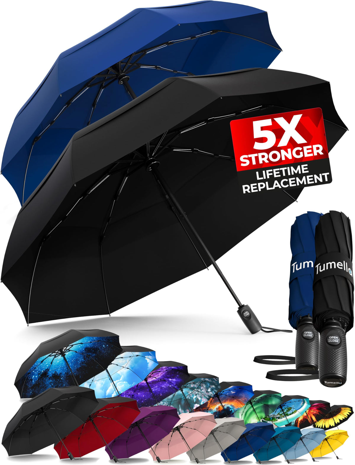 TUMELLA Strongest Windproof Travel Umbrella (Compact, 100MPH Wind-Tested)