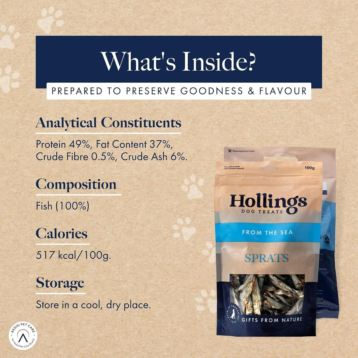 Hollings Sprats Dog Treats, 100% Natural with Fresh Fish Air Dried Treats for Dogs, Hypoallergenic and Grain Free 100g (Pack of 10)