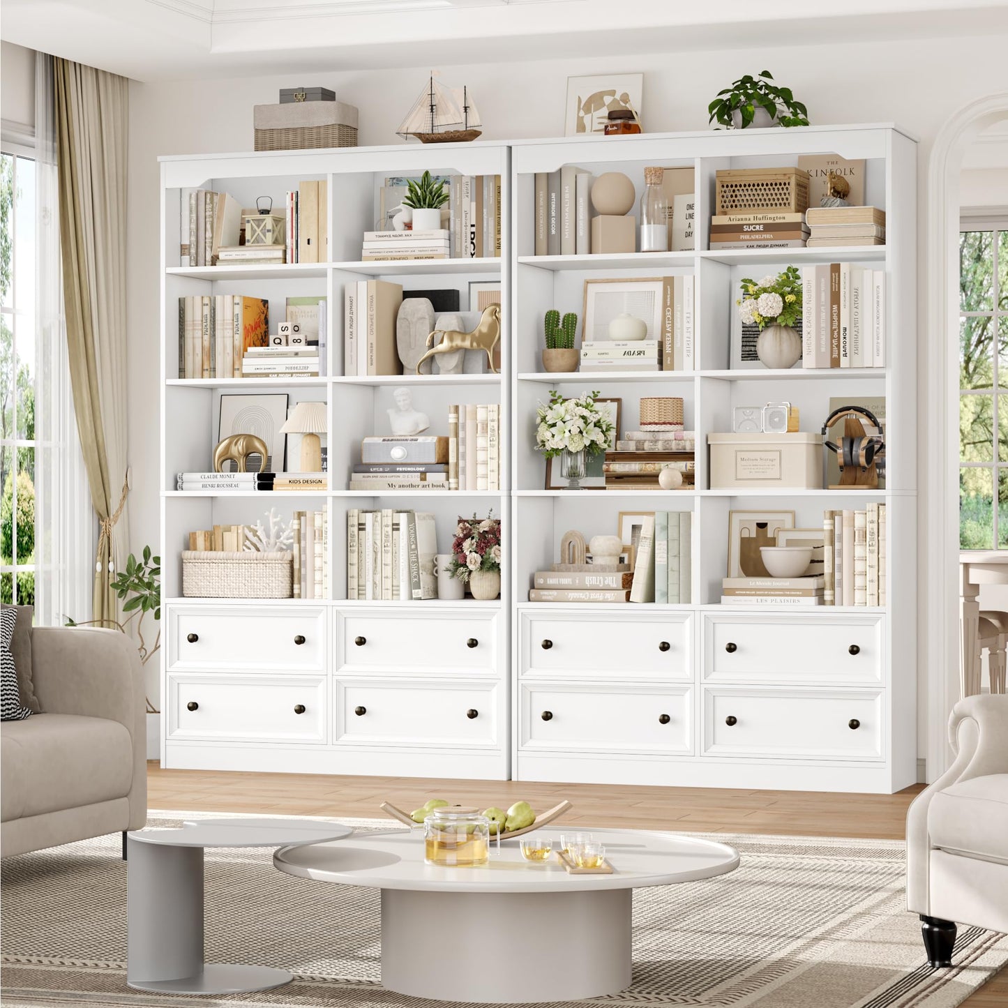 FirFurd Bookcase 180cm Tall Bookshelf with Drawers Living Room Bookcase 8 Open Compartments Free Standing Display Shelf Tall Shelving Unit for Home Office 180x100x30cm White