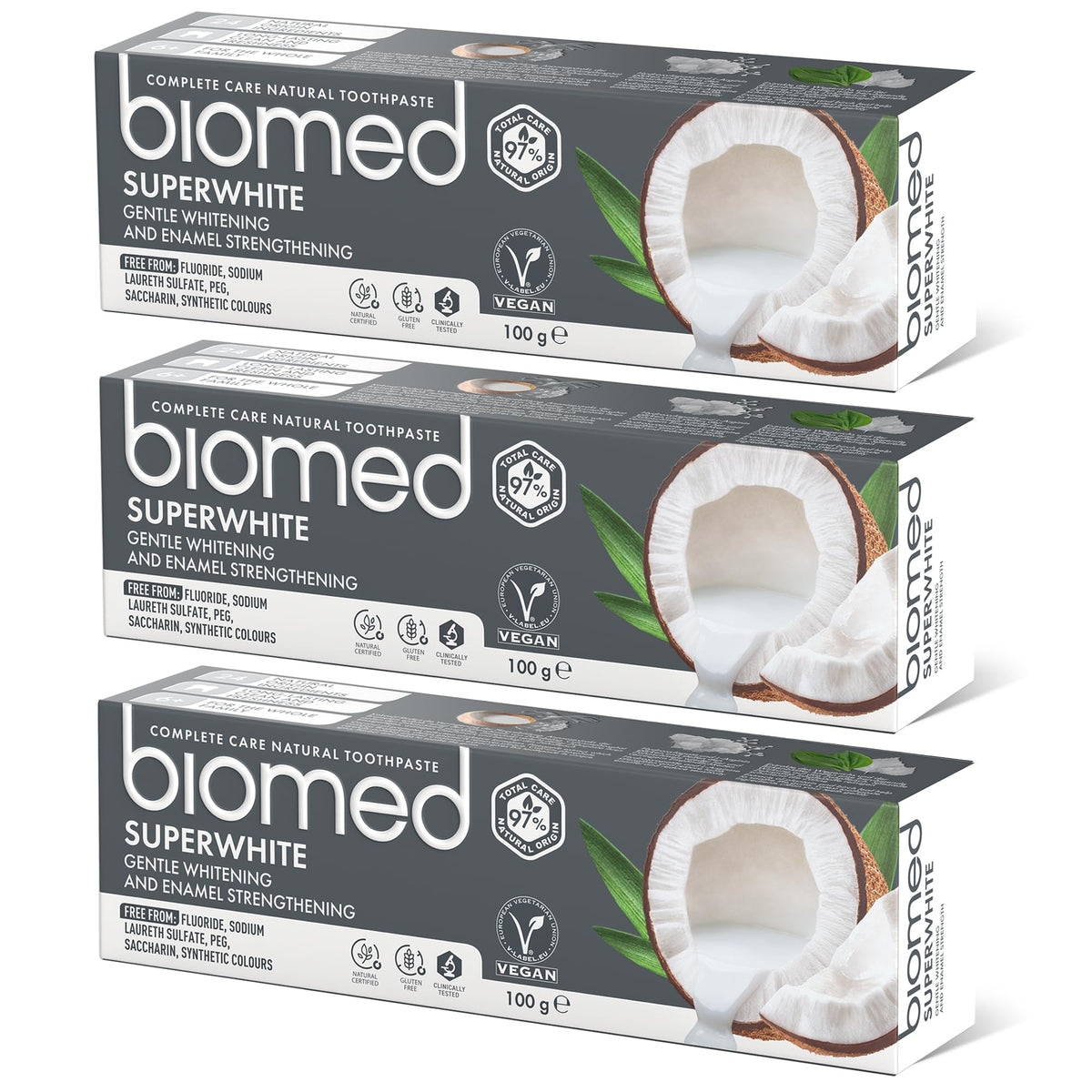 Biomed Superwhite 97% Natural Whitening Toothpaste | Enamel Strengthening | Coconut Flavour, Vegan, SLES Free 100g