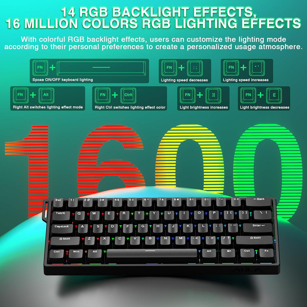 AULA WIN60 HE Mechanical Gaming Keyboard Wired,Hall Effect Magnetic Switches,Adjustable Actuation Rapid Trigger,8K Polling Rate,RGB Backlight,60% Percent Keyboard for Mac/Win (BLACK) (Pack of 2)