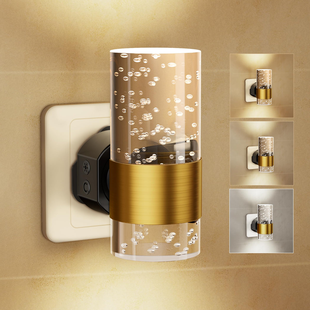 Night Light Plug in Wall with Dusk to Dawn Sensor Modern 2 Pack Gold