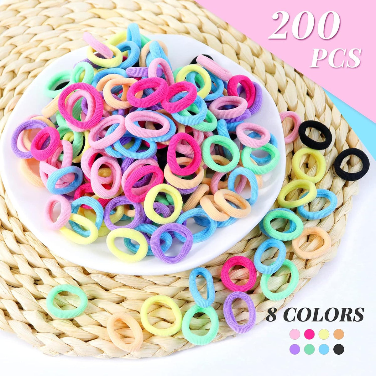 Hanyousheng 200 Pcs Baby Hair Bands, Multicolor Toddler Hair Bobbles, Baby Hair Bobbles, Toddler Hair Bands, Seamless Elastic HairBands, BabyHair Ties, for BabyGirls Kids Toddlers