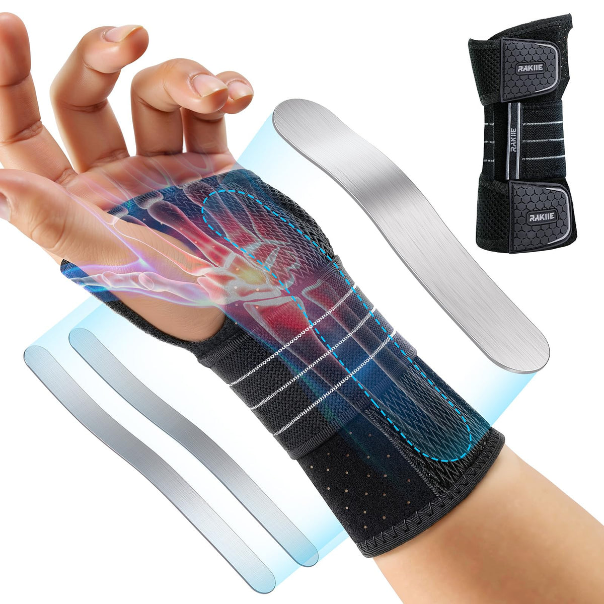Rakiie Breathable Wrist Support Brace with 3 Metal Splints
