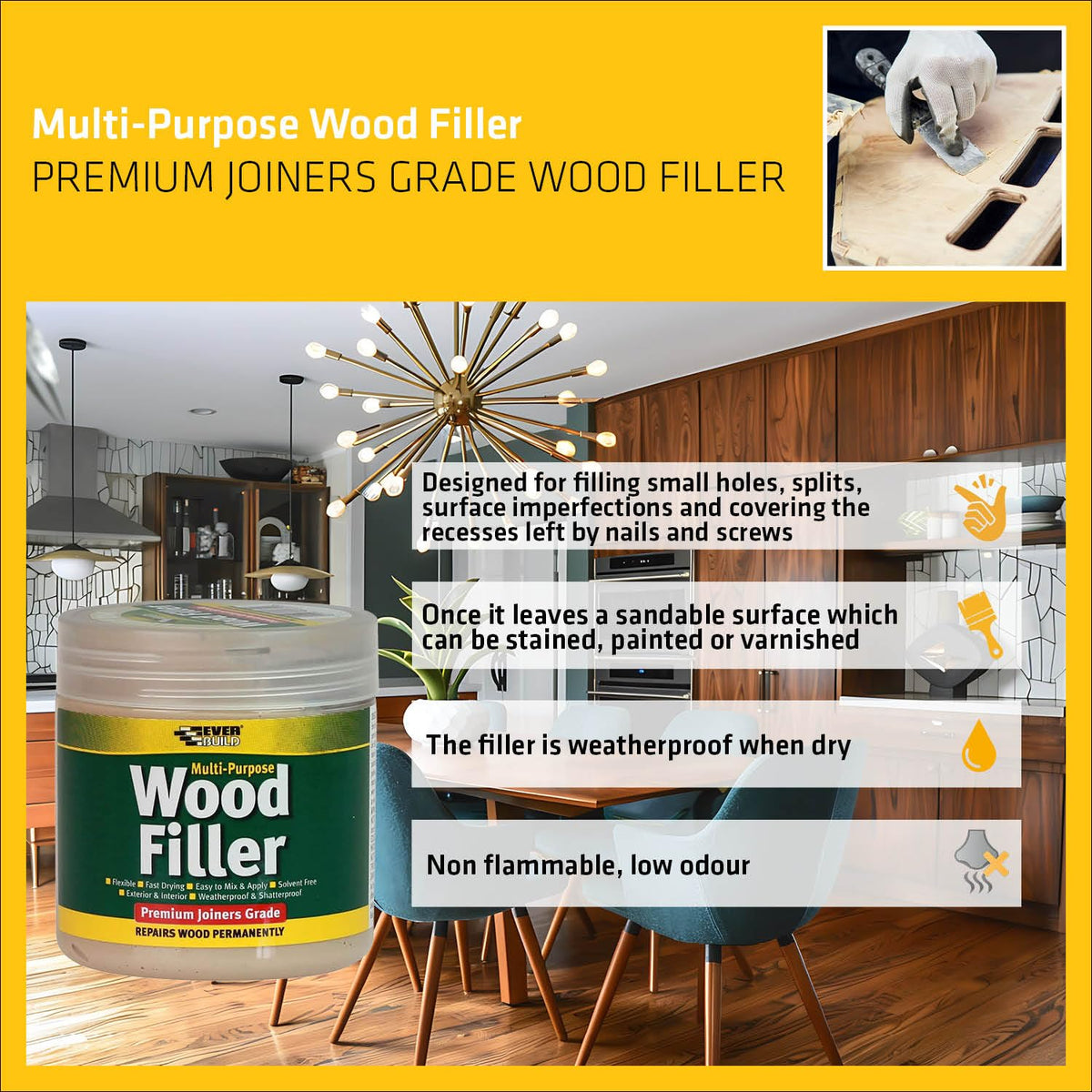 Everbuild Multipurpose Wood Filler – Suitable for Indoor and Outdoor Use – Sandable – Light Oak – 250ml