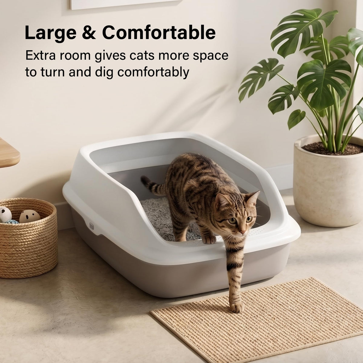 Cat Litter Tray Box, Litter Box, Plastic Cat Open Top Litter Tray with Free Scoop Kitten Detachable Rim Easy Cleaning,49 x 38 x 23cm (Grey)