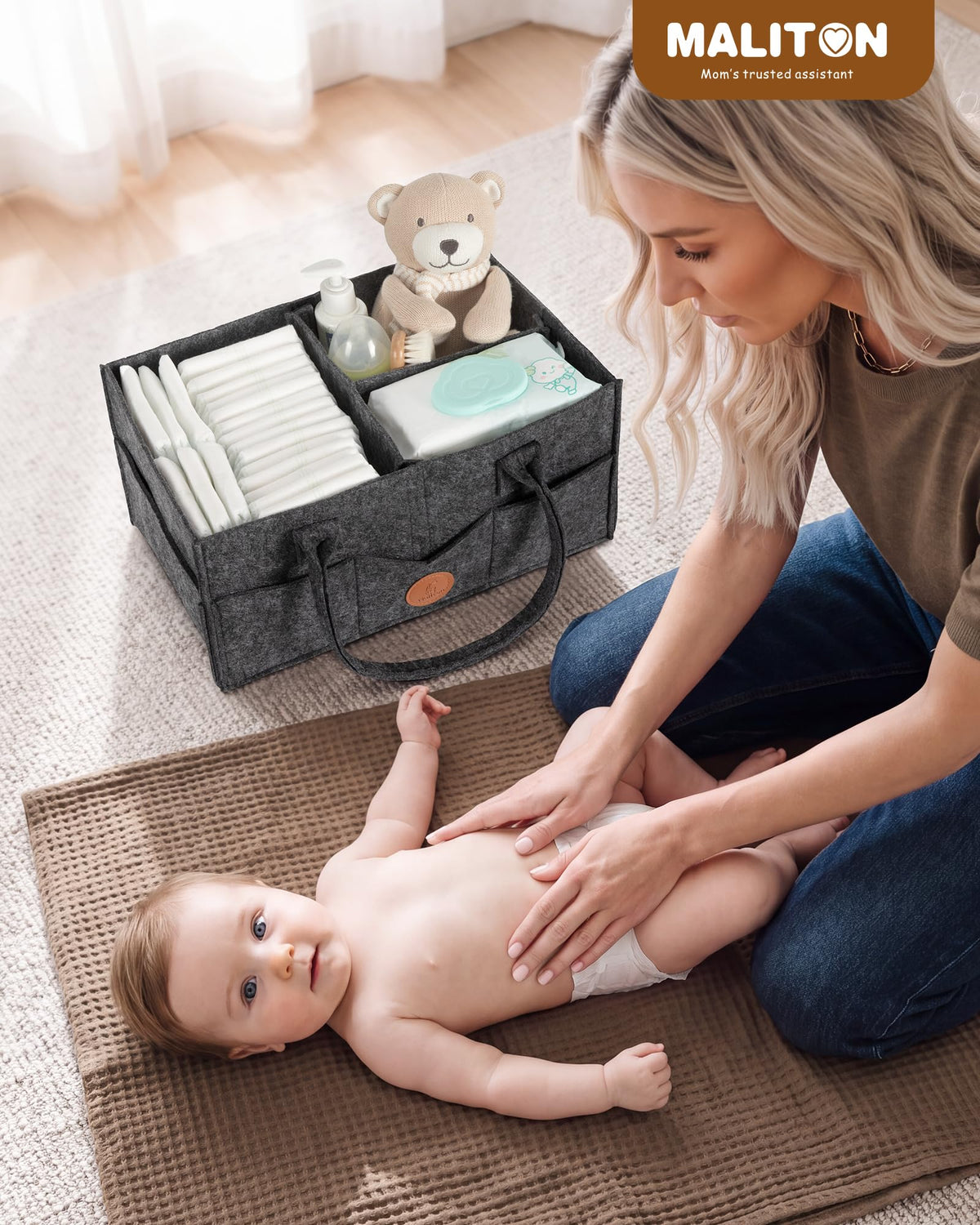 Maliton Nappy Caddy Organiser with 8 Pockets & Removable Dividers (Khaki)