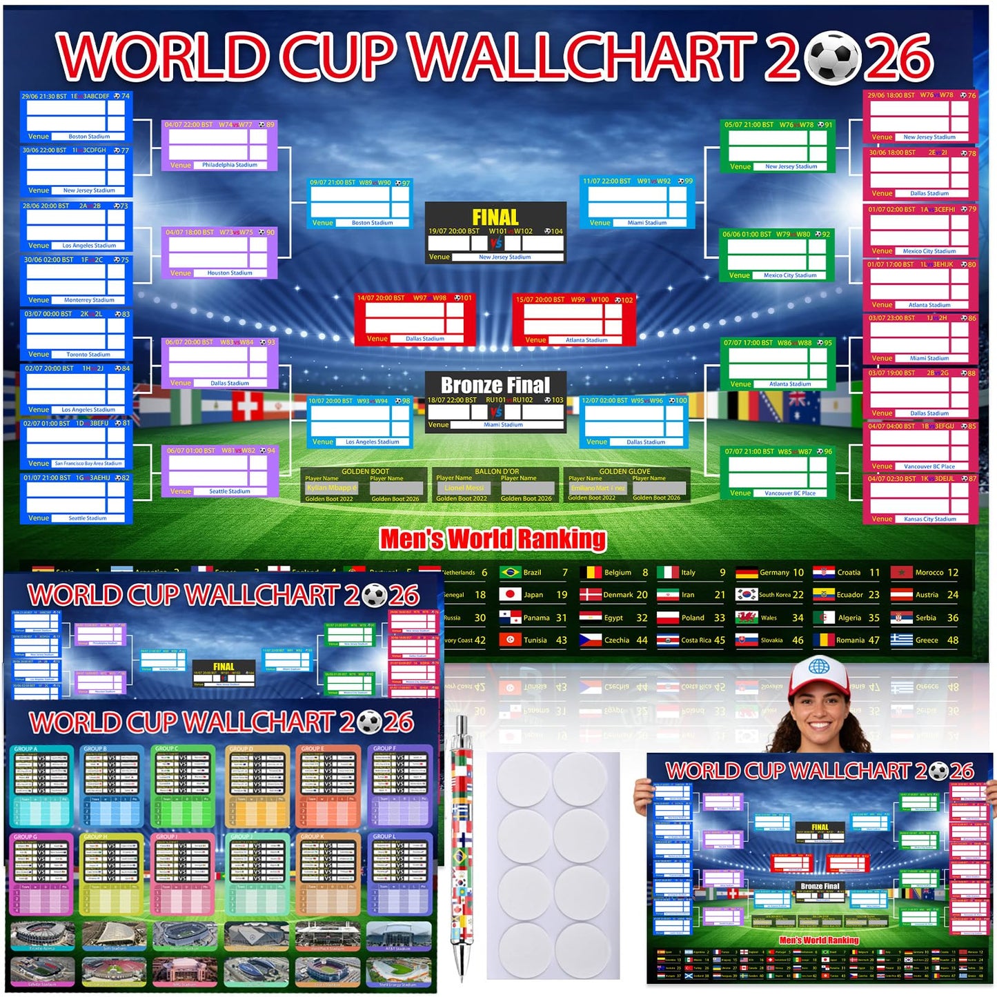 Aurblyn 11 Pcs World Cup Football 2026 Tournament Fixtures Folded Poster Handwritten Watercolour Pen World 8adhesive Backing 87x58cm For Bedroom For Men and Women Gifts for Fans (Background -4)