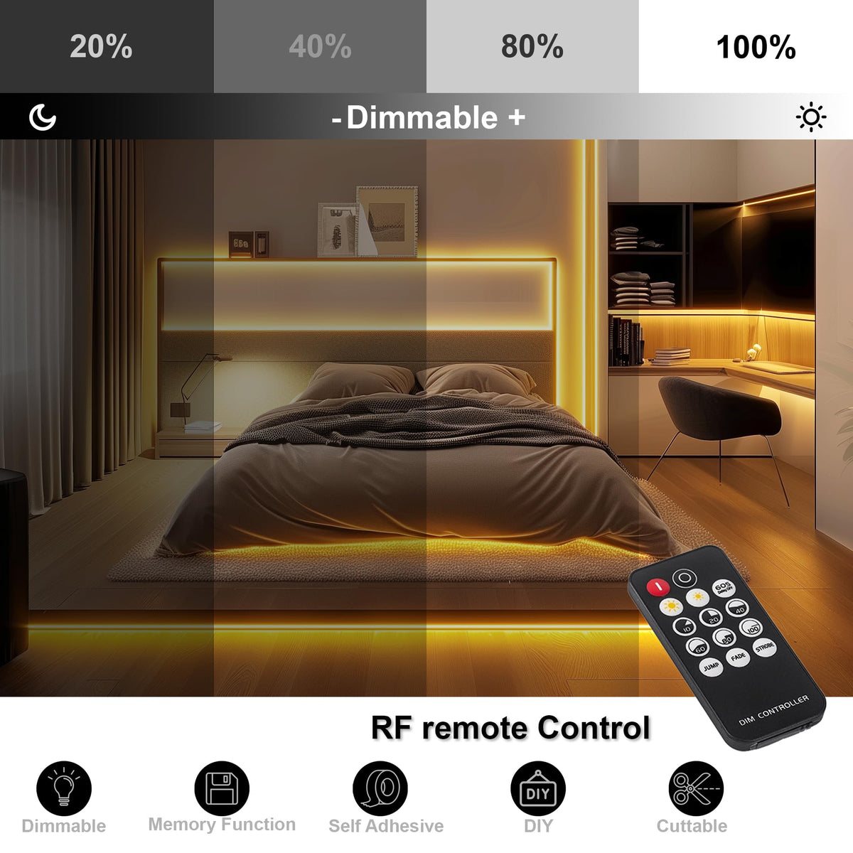 COB LED Strip 7.5m Warm White, 3000K, 24V, Remote Control, 8mm Wide