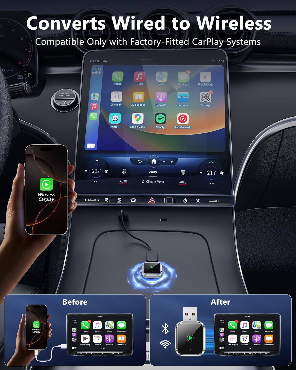 Wireless CarPlay for Apple iPhone - Easy Plug Play CarPlay Dongle Convert Factory Wired CarPlay to Wireless Connection, Car Stereos