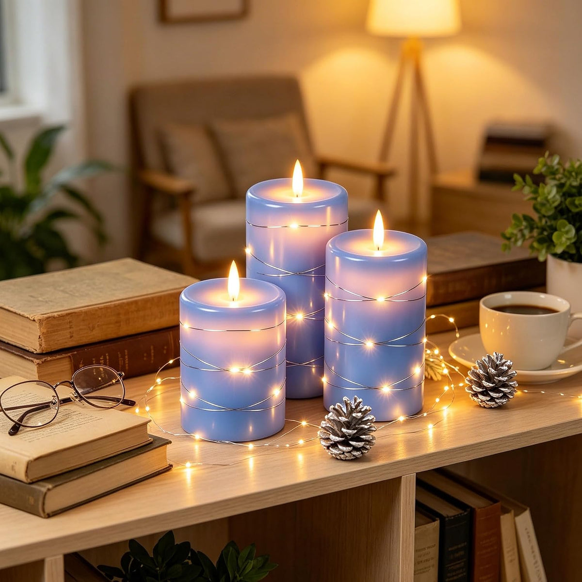Da by 3 Pack Ivory Flameless LED Candles with Fairy Lights, Realistic Moving Flame Paraffin Wax Candles, Remote Control, Soft Warm Light, 8cm D x 12.5/14.5/16.5cm H, Indoor Wedding Home Decor