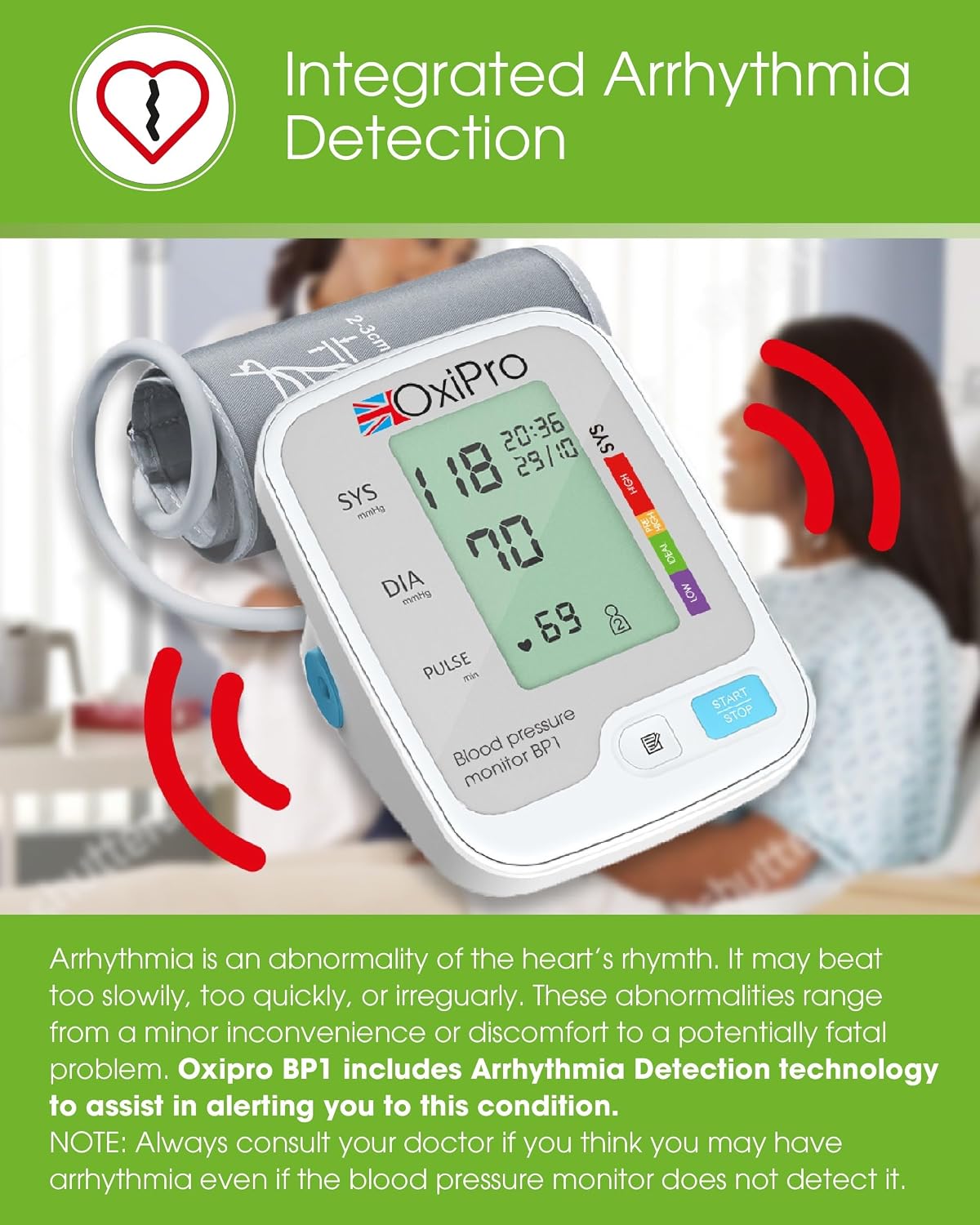 OxiPro BP1 Blood Pressure Monitors - Health & Pharma Recommended - BP Blood Pressure Machines for Home Use with Heart Rate Monitor & Large Cuff - Blood Pressure Monitors, White