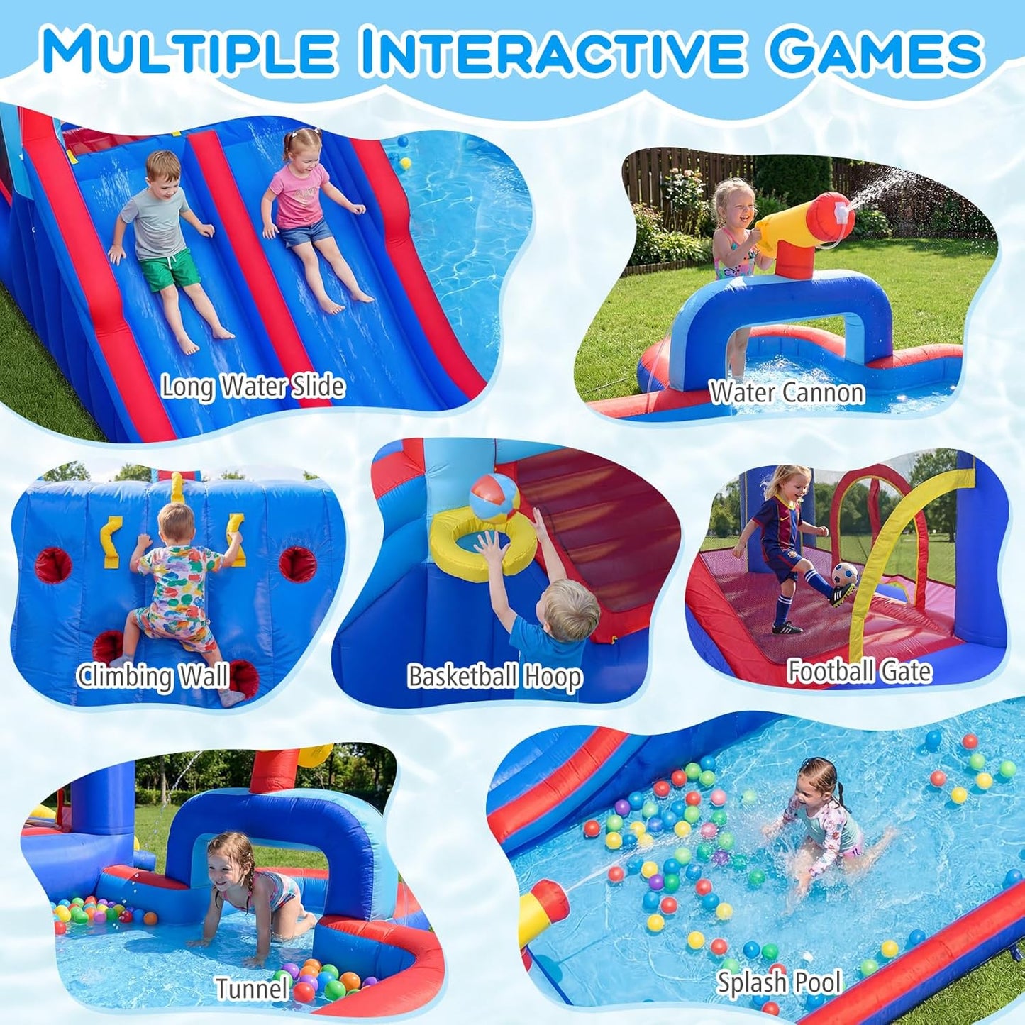 COSTWAY 5-in-1 Inflatable Water Park with Dual Slides, Climbing Wall & Splash Pool — Ages 3-12