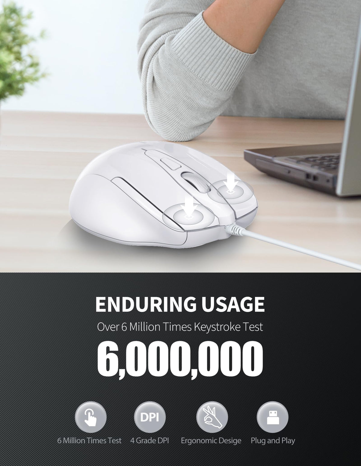 TECKNET USB Wired Mouse, 6400 DPI Mice 4 Adjustable DPI with 6-Button Corded, Optical Computer Mouse with Ergonomic Design for Laptop, Chromebook, PC, Desktop, Mac, Notebook