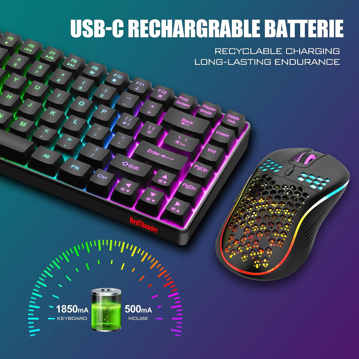 RedThunder K84 75% Wireless Gaming Keyboard and Mouse Rainbow Backlight UK Layout 85 Keys TKL Ultra Compact Mini Design Lightweight Honeycomb Gaming Mouse for PC Mac PS5 Xbox Office Gamers