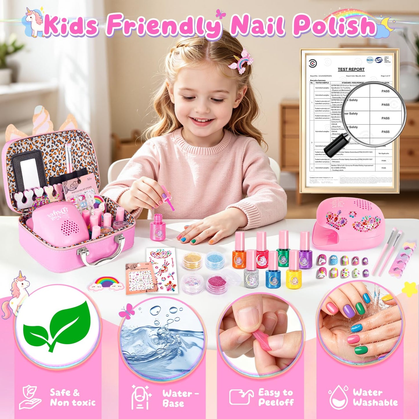 Hohosunlar Girls Makeup Set Kids Toys - Washable Non-toxic Kids Make Up w/ Nail Polish Dryer, Princess Accessories Nail Varnish Set, Christmas Birthday Gift Toys for Girls 3 4 5 6 7 8-12 Years Old
