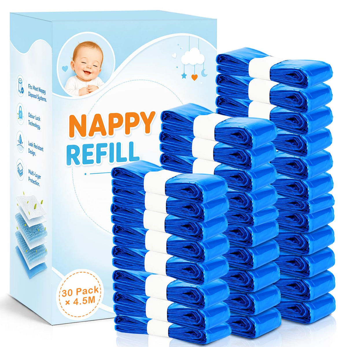 12er-Pack Nappy Bin Refills, vacvad 4.5m Diaper Bin Pail Disposal Bags, Nappy Bin Liners Replacement Strong Seal & Tear Resistance, Compatible with Most Nappy Disposal Systems (Blue)