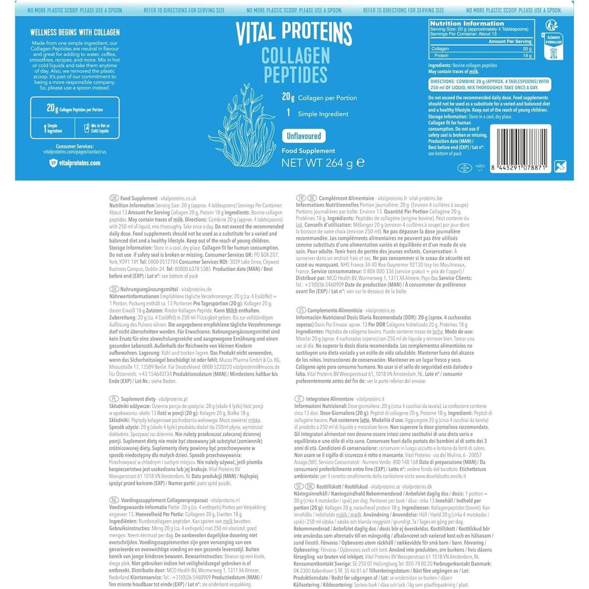 Vital Proteins Collagen Peptides Powder, Cocoa Flavor, Type I & III, 297g