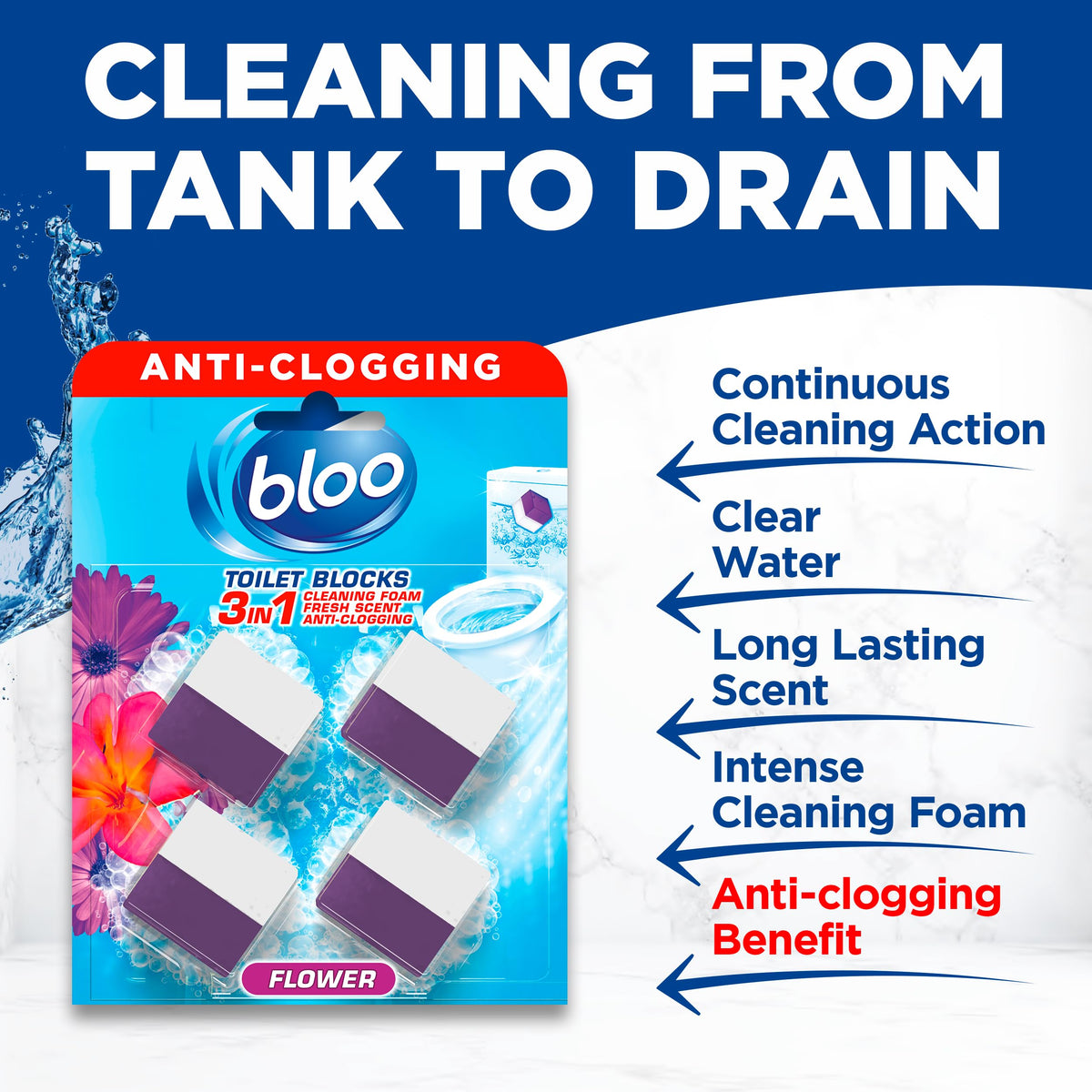 Bloo New 3in1 Toilet Blocks, Pack of 2, Toilet Limescale Remover Cistern Block, Toilet Cleaner Block with Cleaning and Foaming Action, Toilet Fresheners - Limescale Prevention