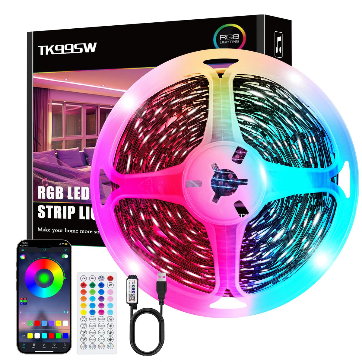 Led Strip Lights 1M/3.28ft, TV LED Backlight with Smart App Control Remote, 5050 RGB Music Sync Colour Changing, USB Smart LED Strip Light for TV,Computer, Monitor, Bedroom, Party and Home Decoration