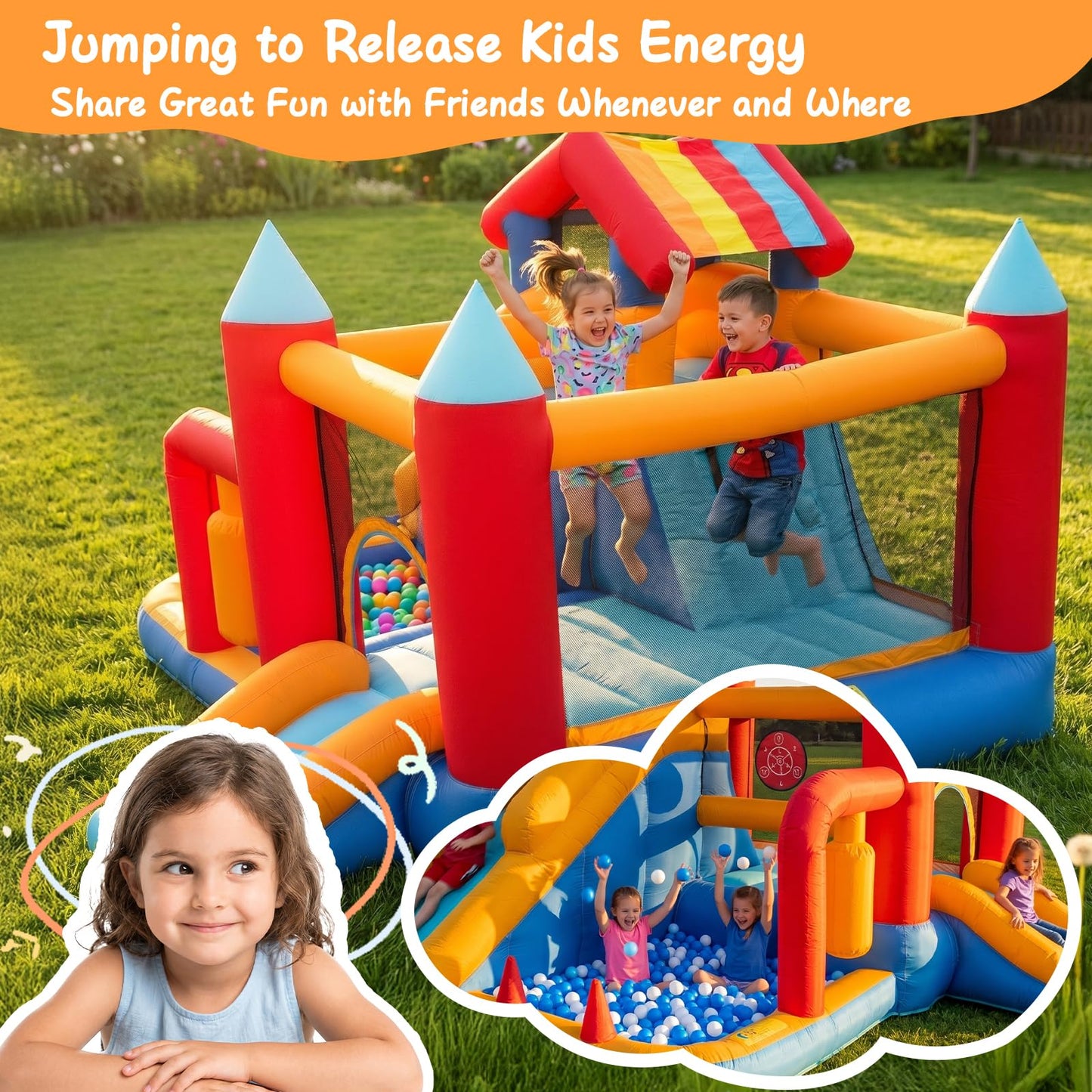 Bouncy Castle with Slide for Children: Inflatable Bounce House 9 in 1 - Kids Trampoline with Basketball Hoop & Climbing Wall, Indoor Outdoor Play Centre with Air Blower for Birthday Party Garden
