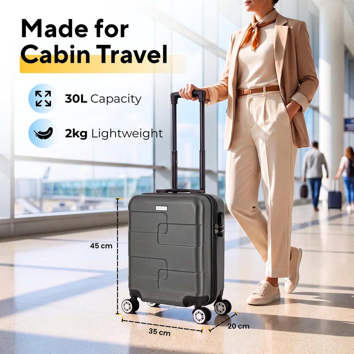 WORLD EXPLORER Cabin Suitcase 55x40x20cm, 34L Carry-On Cabin Bag, Dark Grey