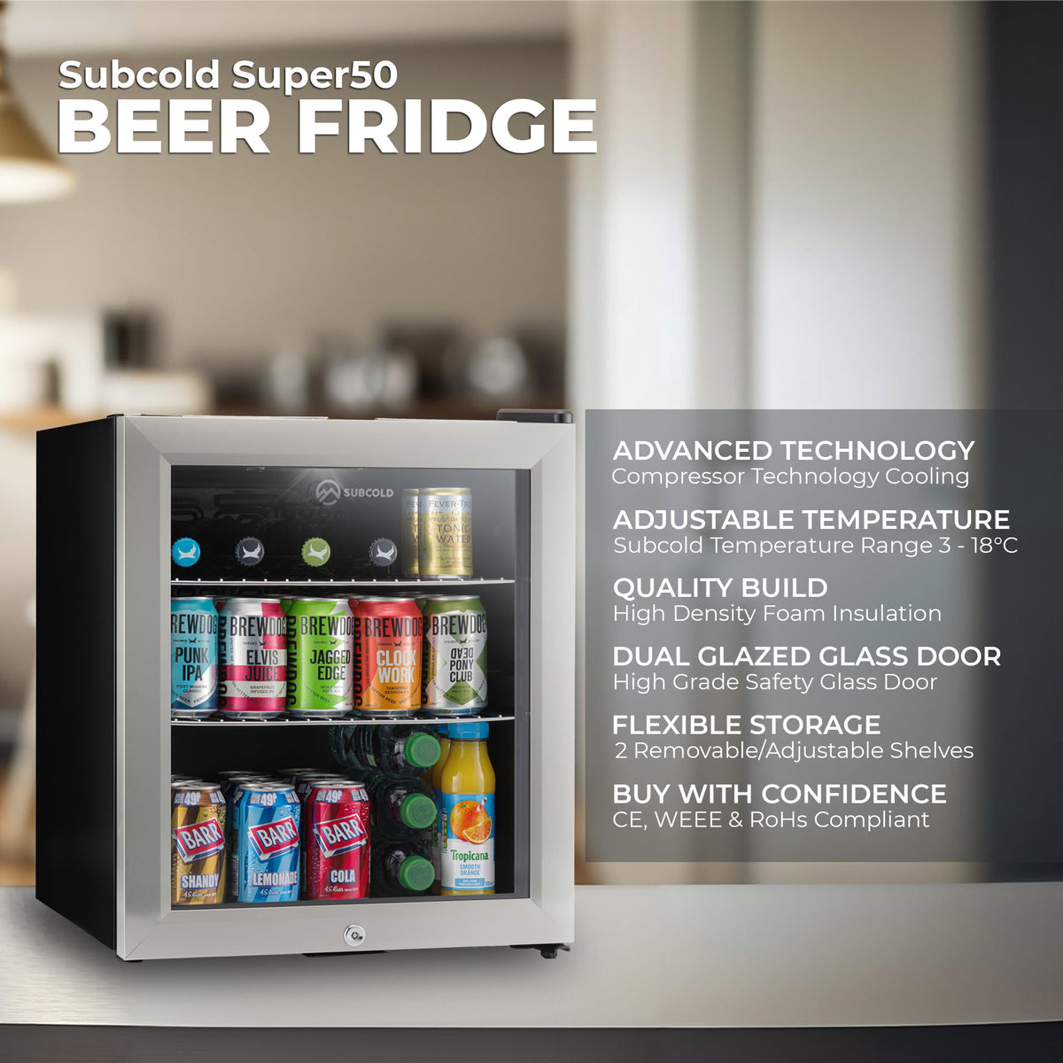 Subcold Super50 LED Beer Fridge | 55 Cans | 3-18°C | Glass Door