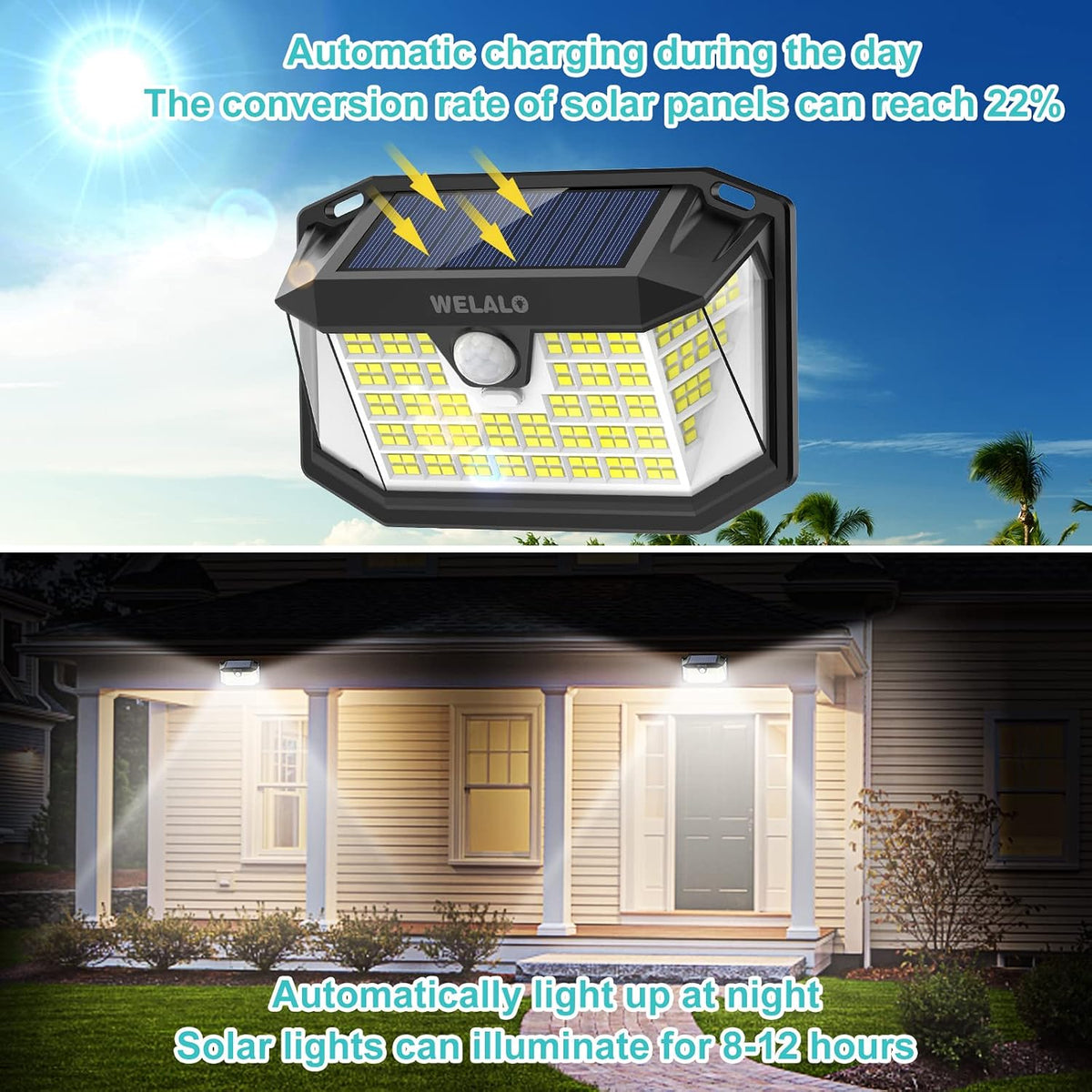 WELALO Solar Security Lights, 188 LED Solar Motion Sensor Lights, IP65 Waterproof Solar Lights Outdoor Garden, 3 Modes PIR Solar Powered Wall Lights for Outside Garden Fence Door Yard (4 Pack)