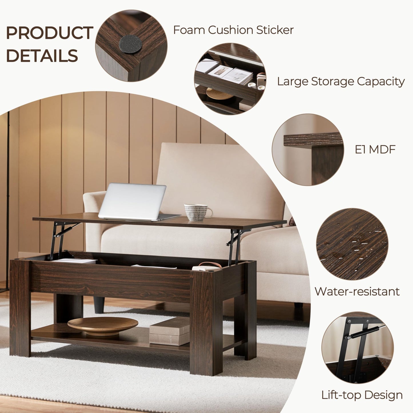 Yaheetech Lift Up Coffee Table, Wooden Lifting Coffee Table with Hidden Storage Drawer and Open Shelf, Space-saving Tea Tables for Living Room/Reception, Espresso