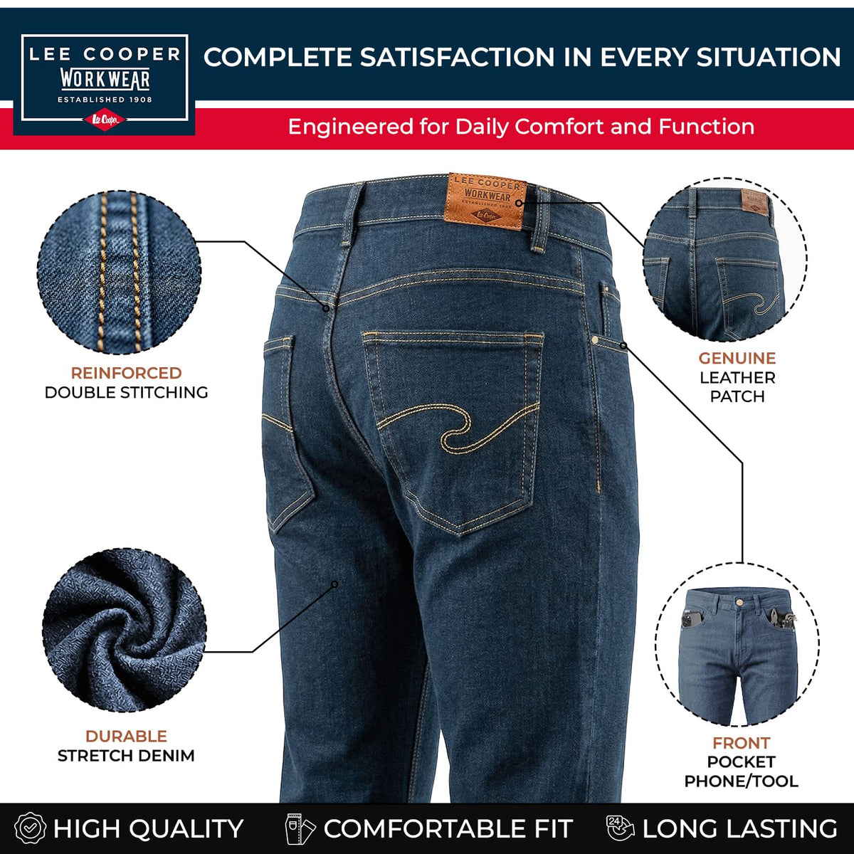 Lee Cooper Men's Jeans Classic Regular Fit with 5 Pockets Design Zip Fly & Belt Loop Heavy Duty Denim Wash Stretch Plain Casual Workwear Durable Utility Straight Leg Work Pants (Black/Navy)