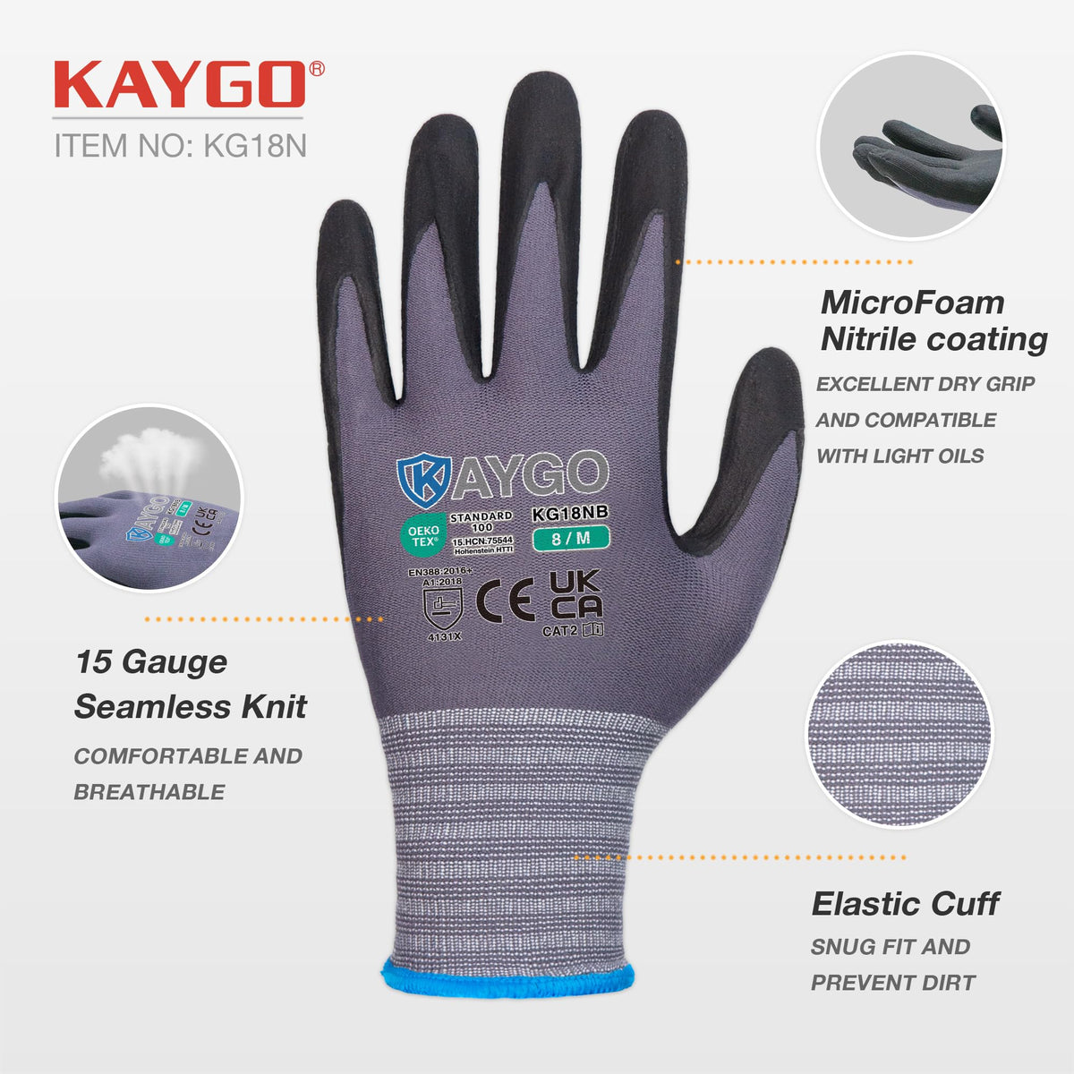 KAYGO Safety Work Gloves MicroFoam Nitrile Coated 12 Pairs, KG18NB