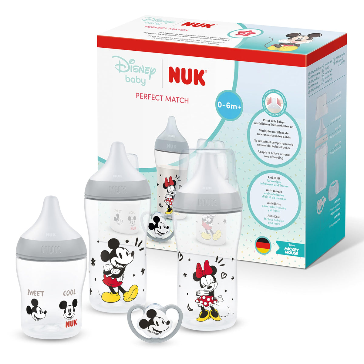 NUK Perfect Match Newborn Baby Bottle Set | 0+ Months | 150ml | Anti Colic Feeding Bottle | PP | Temperature Control Indicator | Rainbow | 4 Count