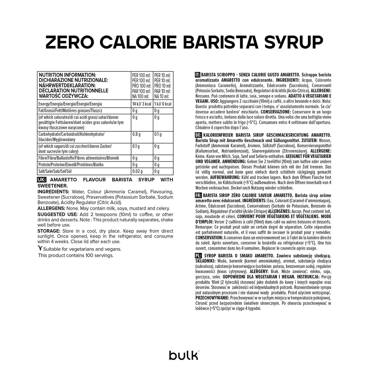Bulk Zero Calorie Barista Syrup, Amaretto, Coffee, 1 Litre