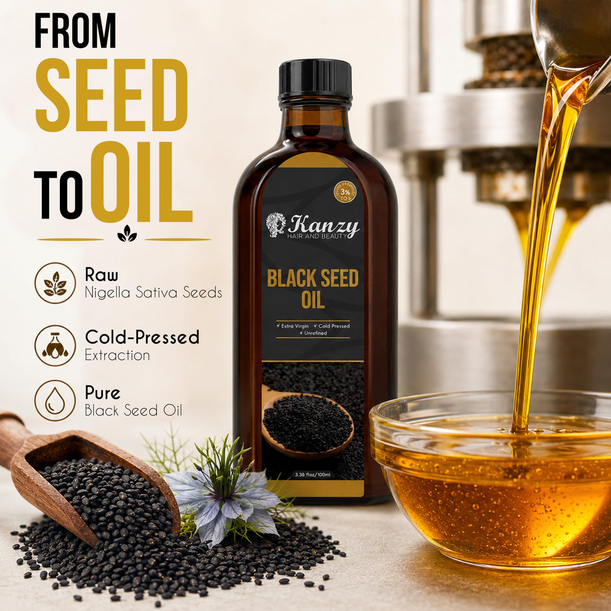 Kanzy Vitamin E Oil for Skin, Hair, Lips and Face - Naturally Sourced Multi-Purpose Plant-Based Vitamin E Oil for Hair Growth as Skincare and Haircare Product for both Men and Women (30 ml)