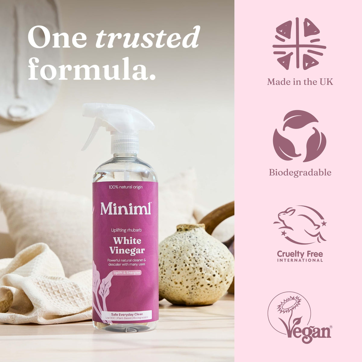 Miniml Eco White Vinegar Cleaning Unscented 750ml - All Natural Multi-Surface & Multi-Purpose Cleaner, Limescale Remover, Laundry Softener & More - 100% Vegan & Cruelty Free