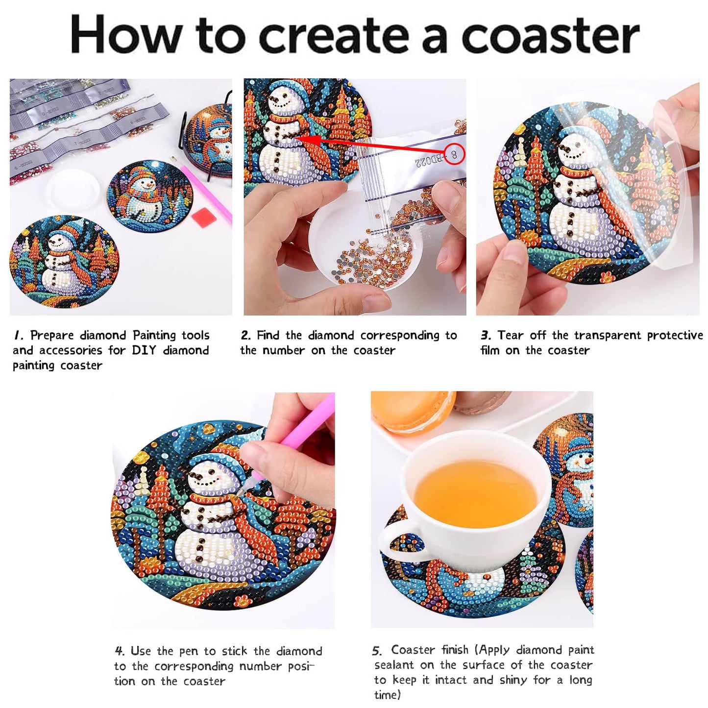 8Pcs Diamond Painting Coasters with Holder,DIY Cocktail Life Coaster Diamond Art Kits for Adults Kids,Beginners Round Full Drill Diamonds Art Craft Supplies