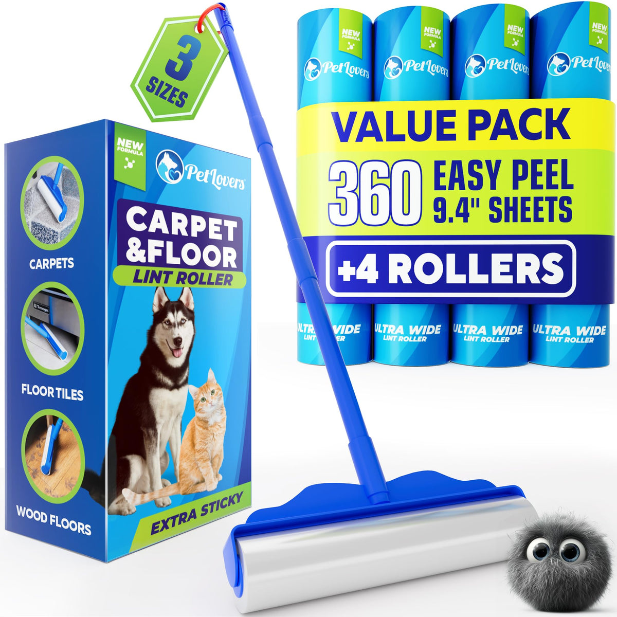 PetLovers Extra Sticky Lint Roller Mega Value Set 450 Sheets for Pet Hair Removal Dog and Cat Lint Remover 5 Pack