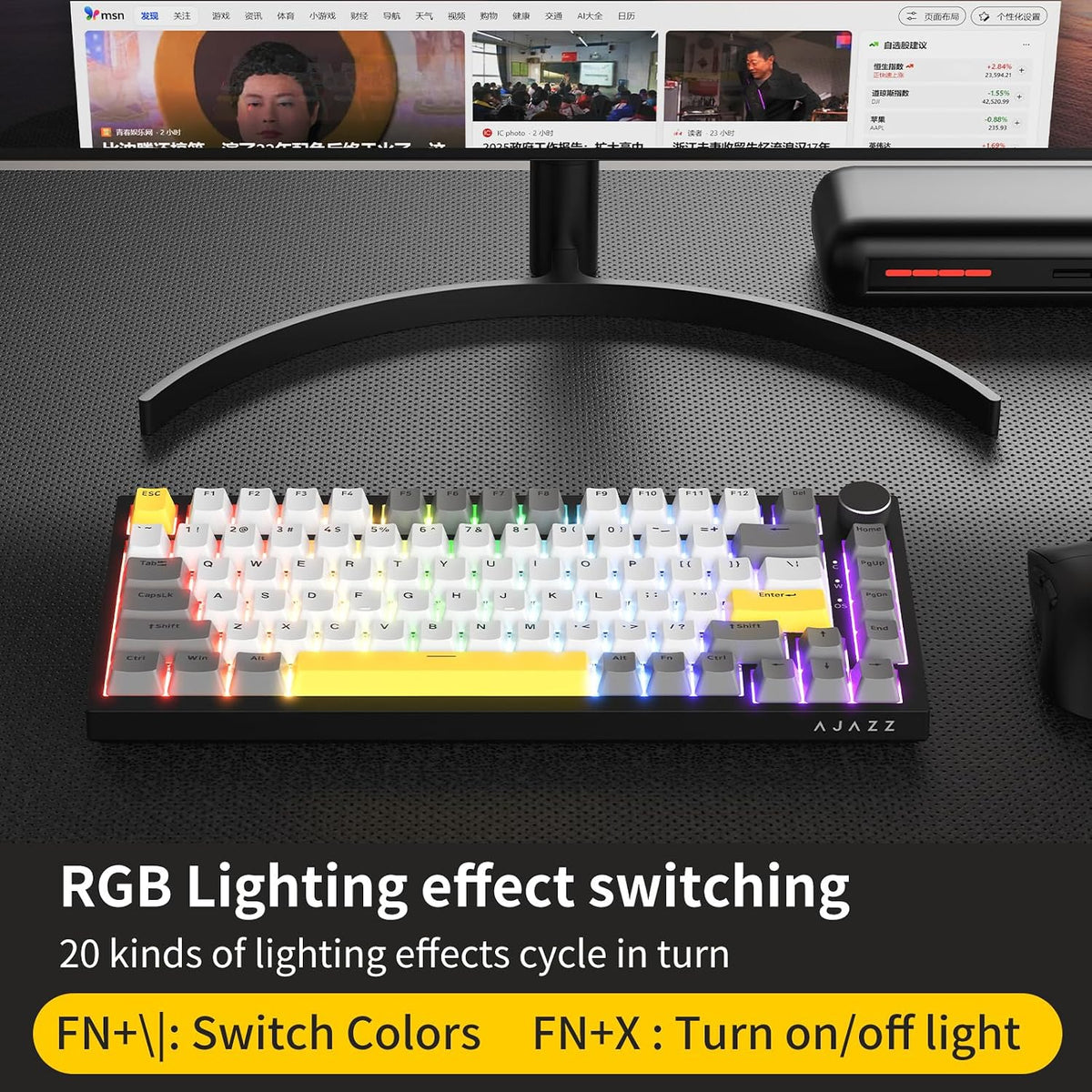 AJAZZ AK820 Wired Mechanical Keyboard, 75% Gaming Keyboard with Volume Control Knob, PBT Keycaps, 82 Keys, Five-Layer Sound Insulation Pad, South-Oriented RGB, Full-Key Hot Swap, Black Grey Yellow