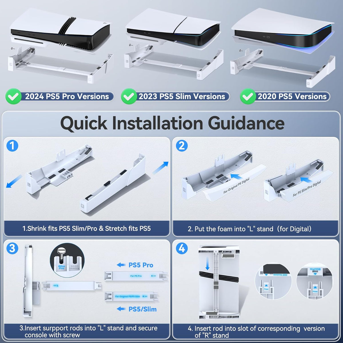 OIVO PS5/Slim/Pro Horizontal Stand for Disc & Digital Console, Protective Stable PS5 Accessories Base Stand with Upgraded Support Rods on Bottom & Scalable Design for PlayStation 5 Console Faceplates