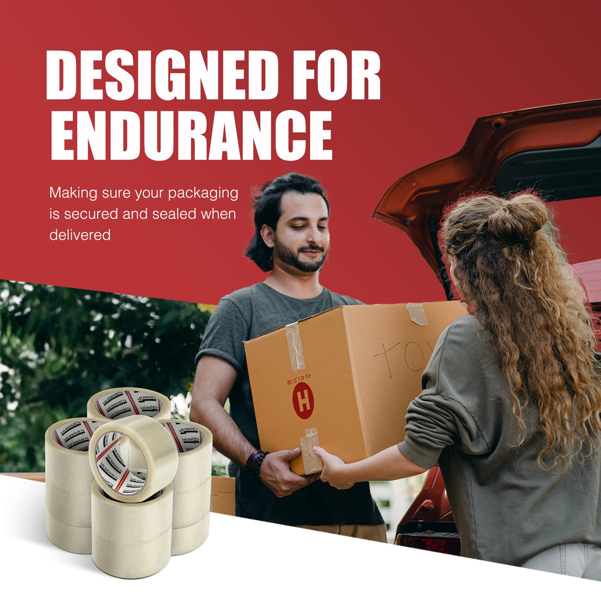 Merrimen Strong Heavy Duty Roll Pack Fragile Packaging Tape, Secure Sticky Sealing Tape for Parcel Boxes, Moving Boxes, Large Postal Bags for Long Term Storage, (48MM x 66M) (12 rolls, Fragile)